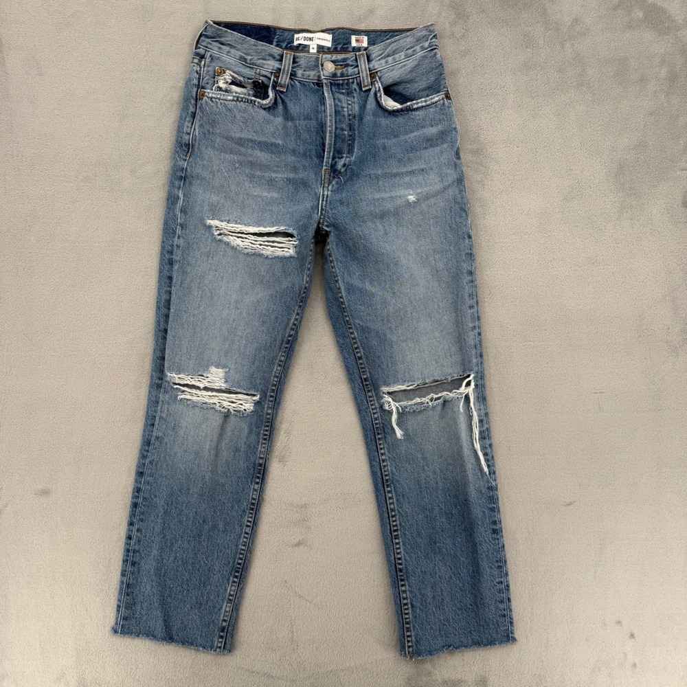 RE/DONE Originals High Rise Stove Pipe Jeans The Rip Distressed Blue Women's 26